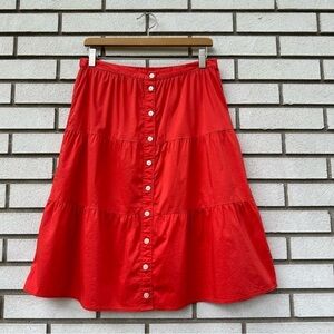 LOFT Tomato Orange Red Tiered Button Front A-Line Midi Skirt S Coastal Academia